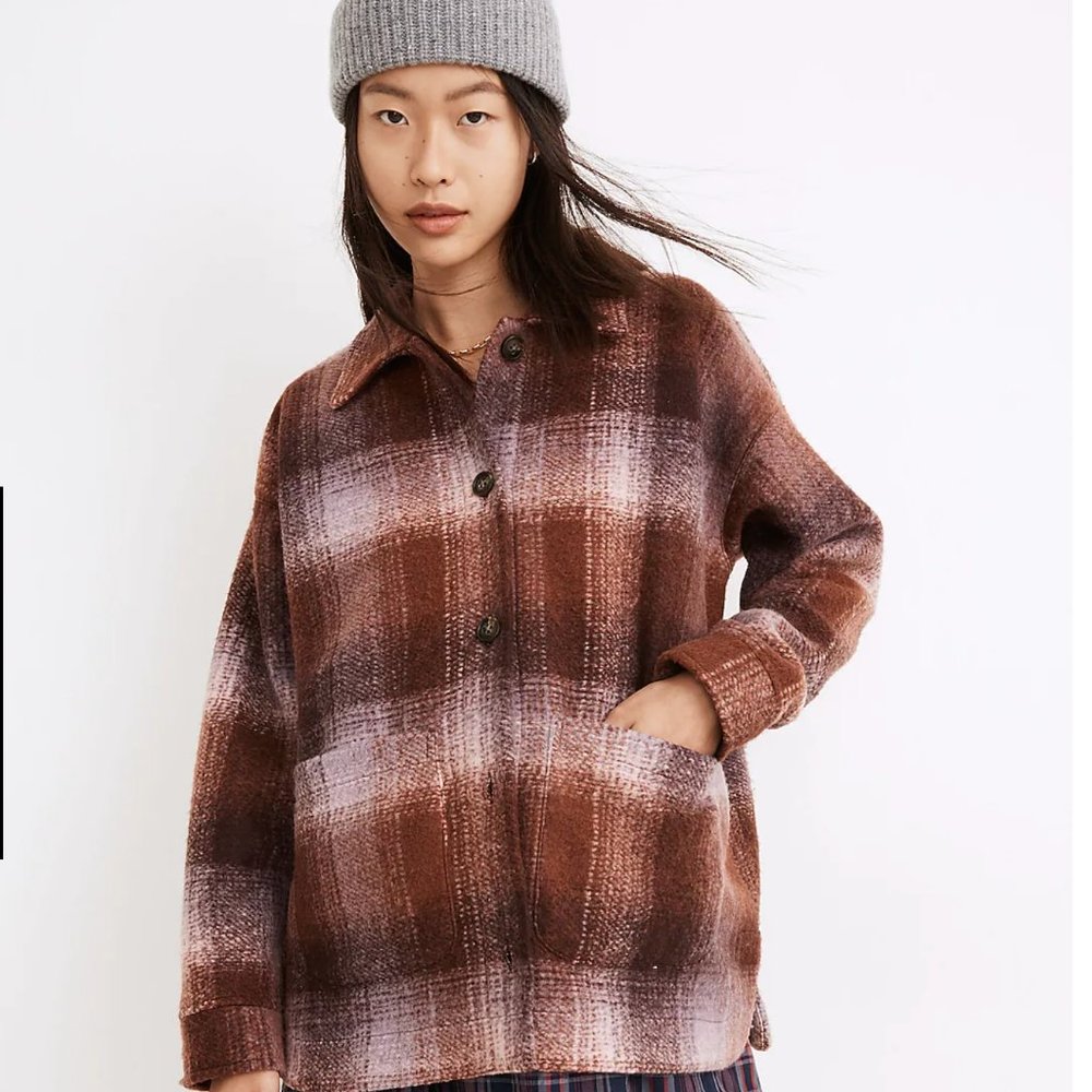 $168 Madewell Brushed Plaid Knit Shirt Jacket pink brown Shacket Coat Size M a